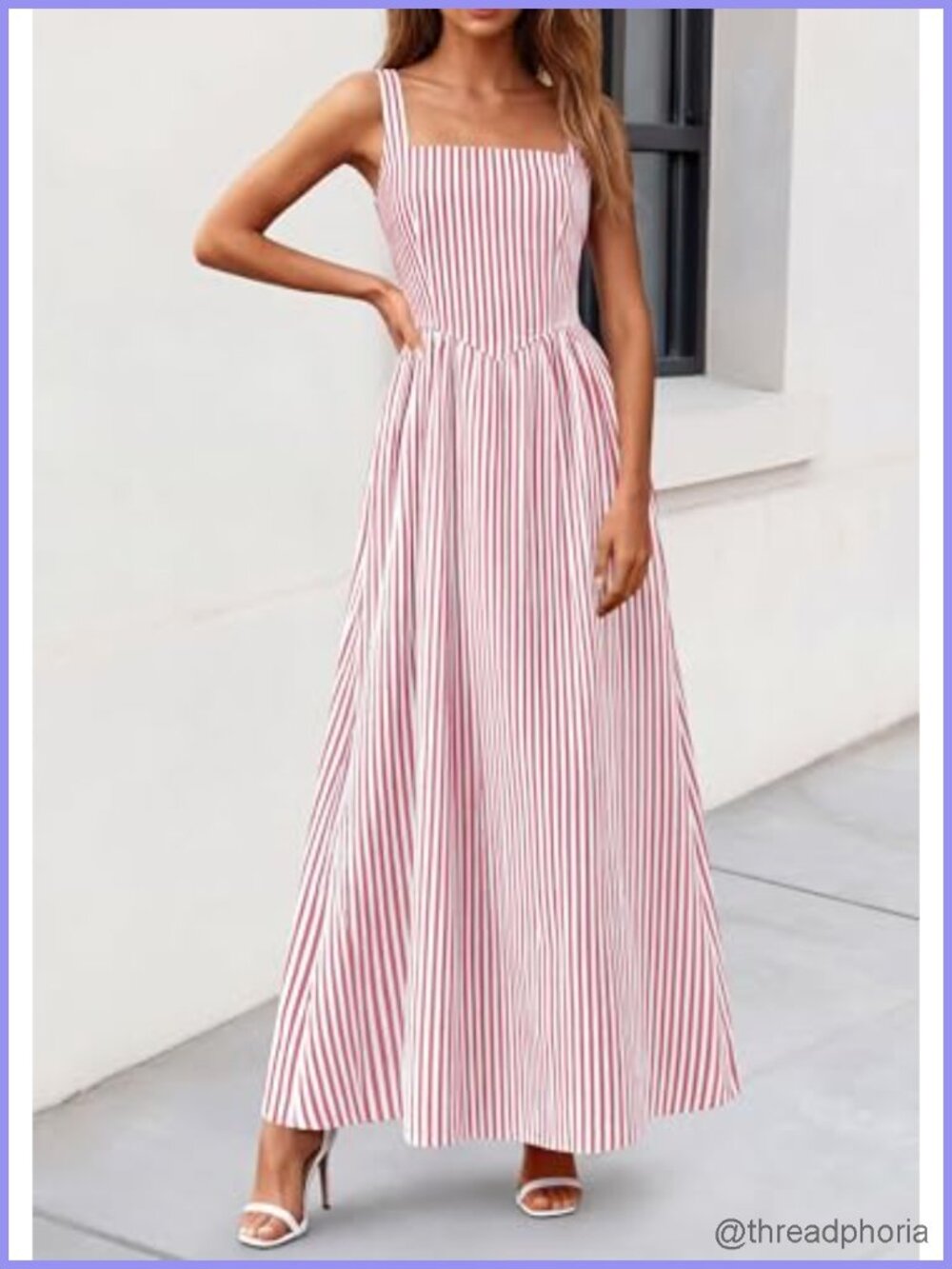 Women's Striped Maxi Dress Square Neck A-Line Summer Sundress - Picture 2 of 6
